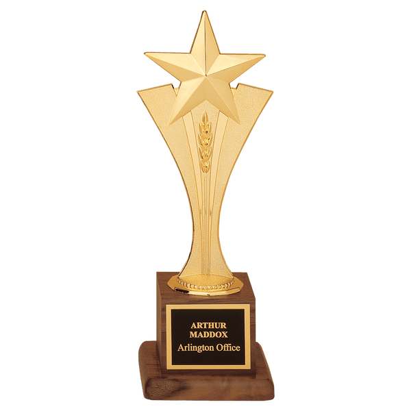 Casted Goldtone Star with Walnut Finish Base - Large - Laser Engraved Gift