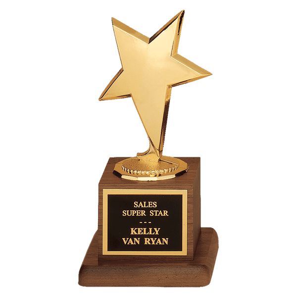 Casted Goldtone Star with Walnut Finish Base - Small - Laser Engraved Gift