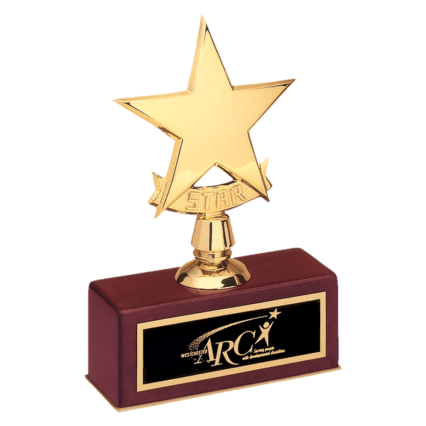 Polished Metal Goldtone Cast Star/Rosewood Piano Finish Base/ Brass Plate - Laser Engraved Gift