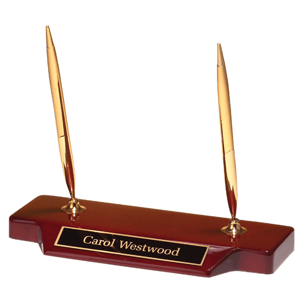 Double Gold-Tone Pen Set on Rosewood Piano Finish Base - Laser Engraved Gift