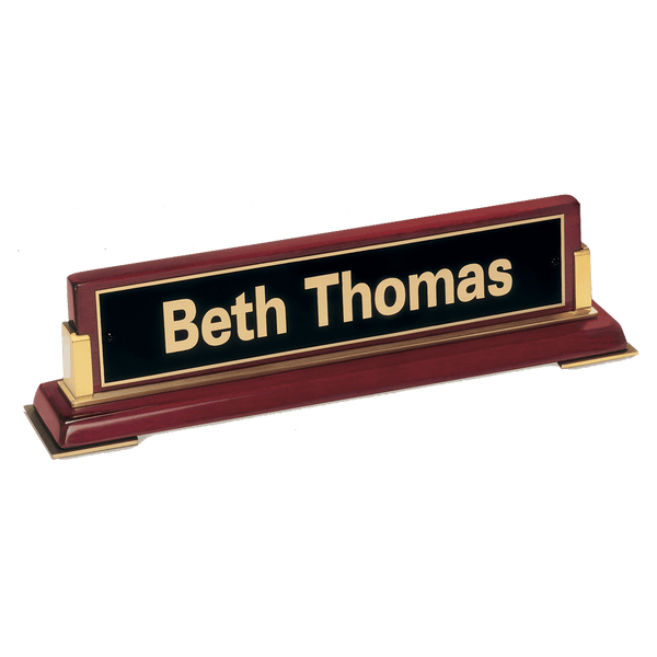 Rosewood Piano Finish Nameplate with Gold Metal Accents - Laser Engraved Corporate Gift