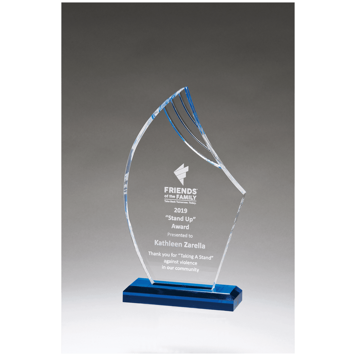Flame Series Clear Acrylic with Accents and Matching Blue Acrylic Base - Laser Engraved Gift