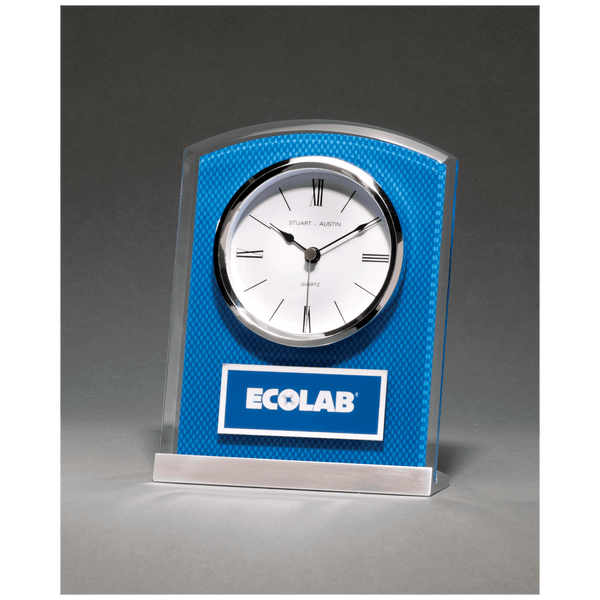 Aluminum Base with Glass Clock with Carbon Fiber Design - Laser Engraved Premium Glass Award