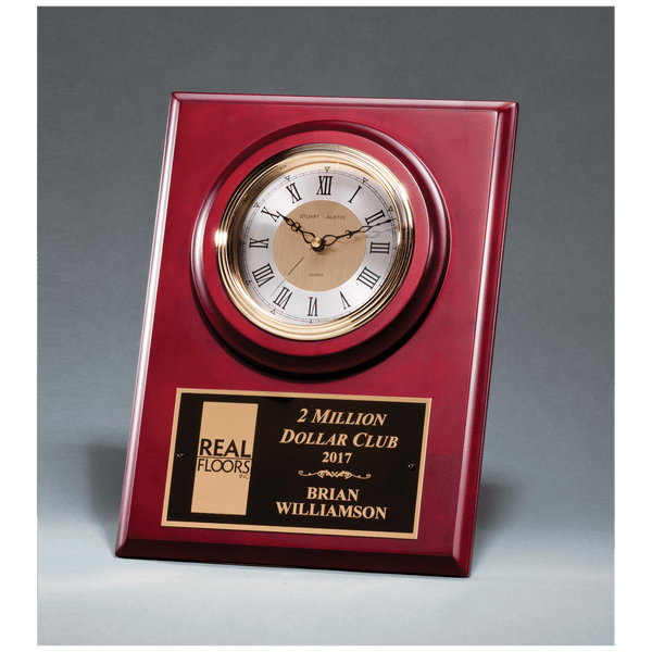 Cherry Finish Clock w/3 Hand Movement, Shelf Stand or Wall Mount - Laser Engraved Corporate Gift