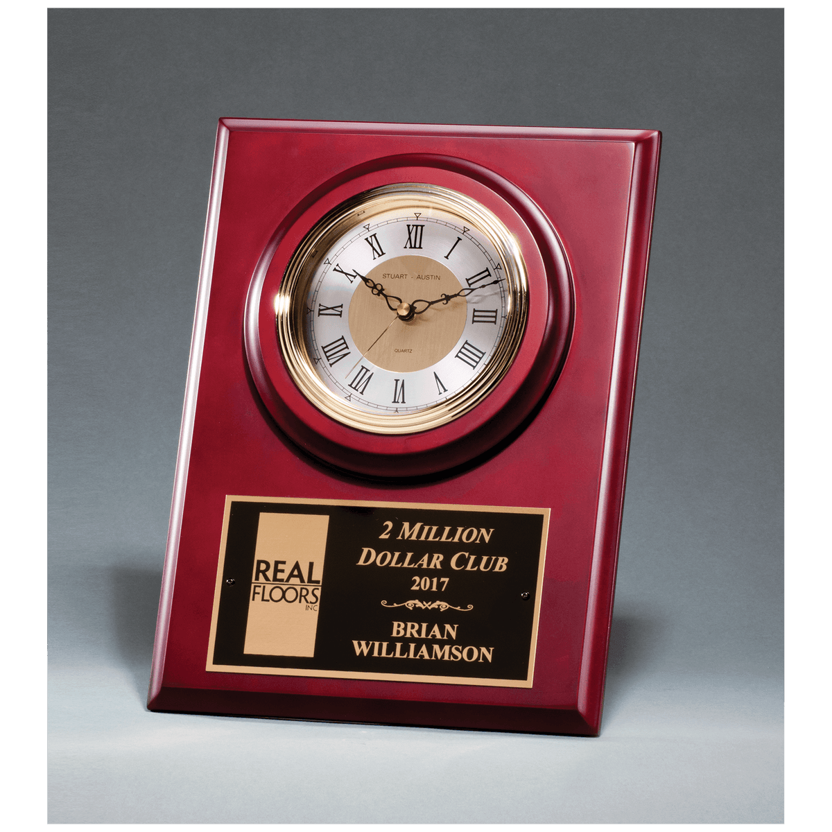 Cherry Finish Clock w/3 Hand Movement, Shelf Stand or Wall Mount - Laser Engraved Corporate Gift