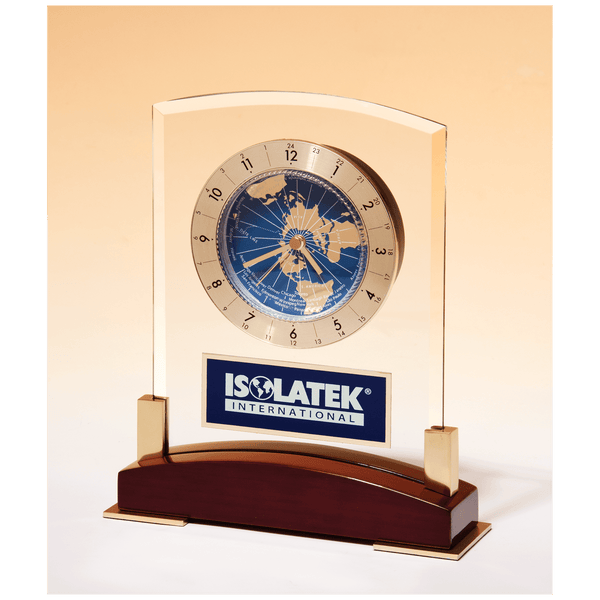 Piano Finish Base, Aluminm Plate with Glass Clock with World Time Dial - Laser Engraved Drinkware