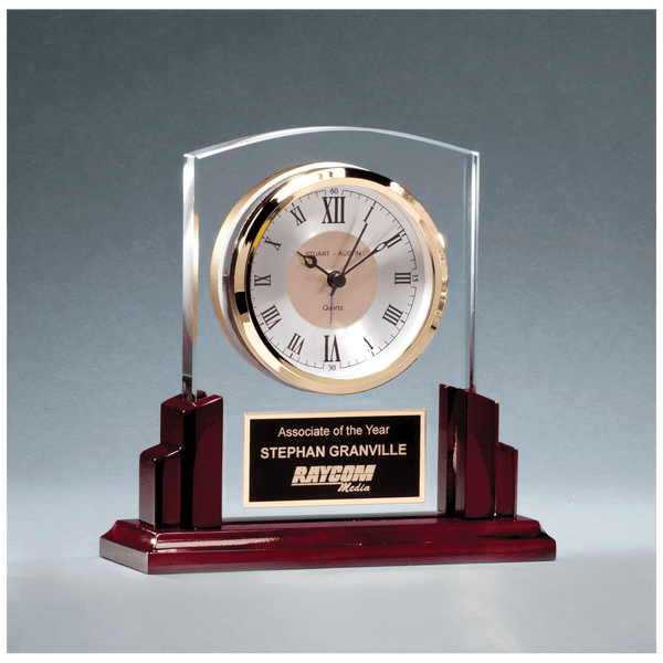Glass Clock with Rosewood High Gloss Base, Aluminum Plate - Laser Engraved Drinkware