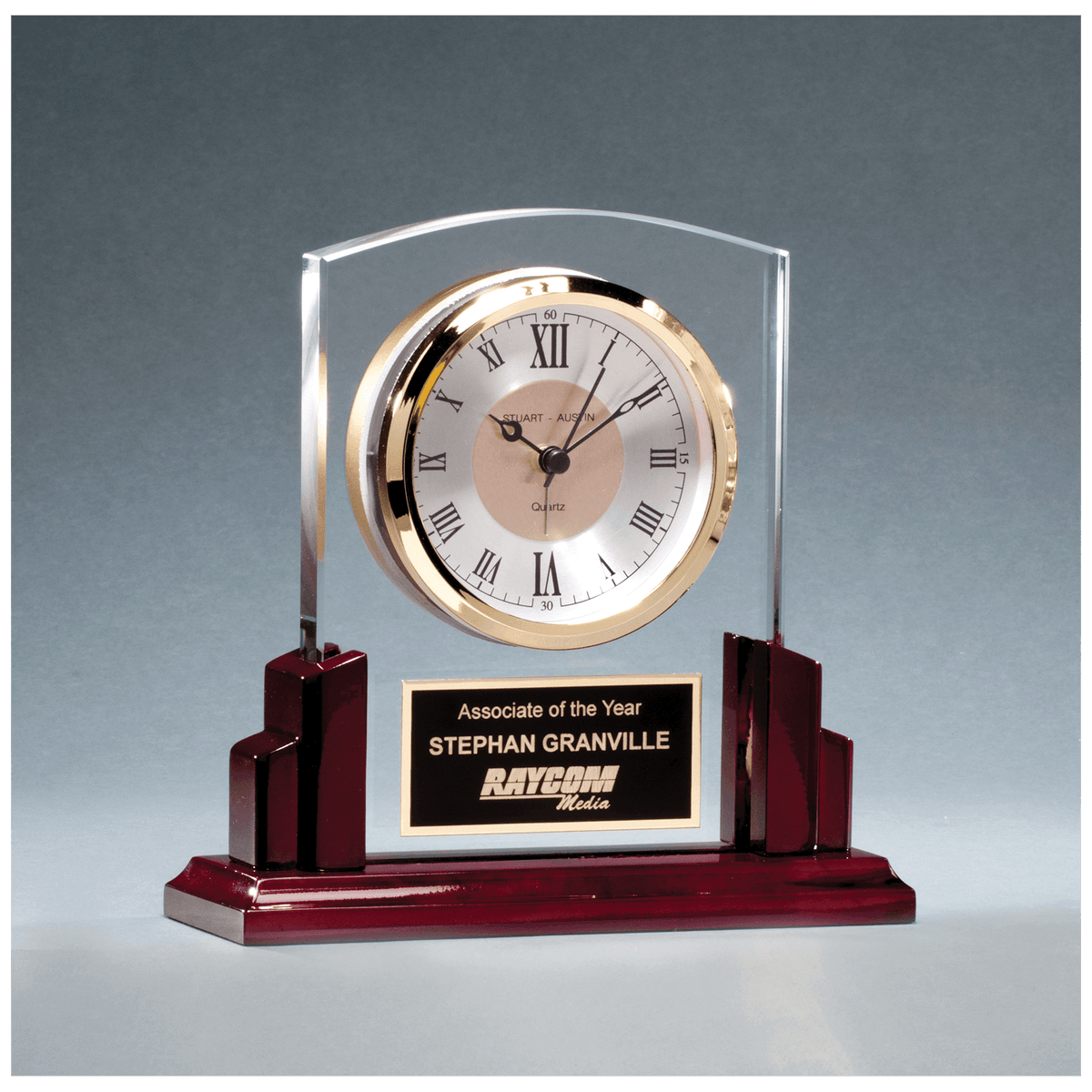 Glass Clock with Rosewood High Gloss Base, Aluminum Plate - Laser Engraved Drinkware