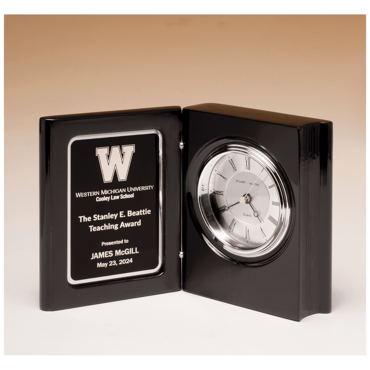Piano Finish Book Clock w/Diamond Spun Dial, 3 Hand Movement, Black - Laser Engraved Corporate Gift