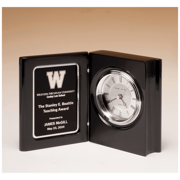 Piano Finish Book Clock w/Diamond Spun Dial, 3 Hand Movement, Black - Laser Engraved Corporate Gift
