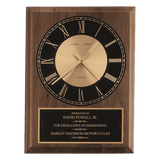 Walnut/Black/Gold American Walnut Round Face Quartz Clock with Plate - Laser Engraved Corporate Gift