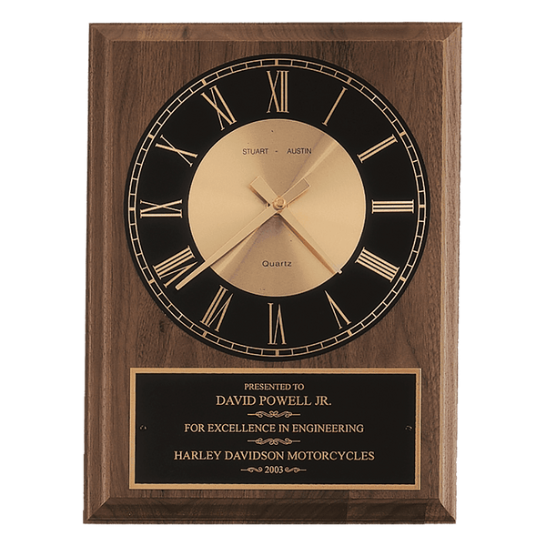 Walnut/Black/Gold American Walnut Round Face Quartz Clock with Plate - Laser Engraved Corporate Gift
