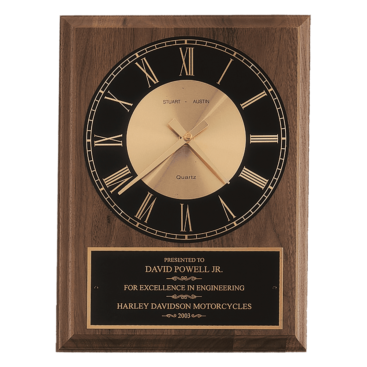 Walnut/Black/Gold American Walnut Round Face Quartz Clock with Plate - Laser Engraved Corporate Gift