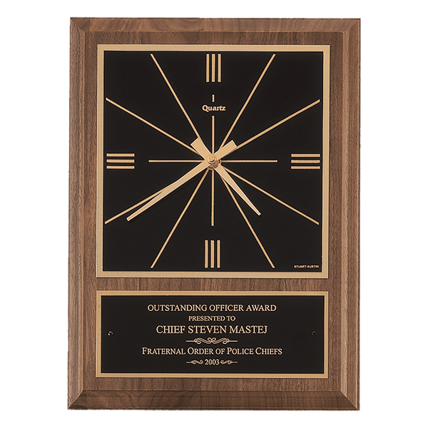 American Walnut Square Face Quartz Clock with Plate - Laser Engraved Corporate Gift