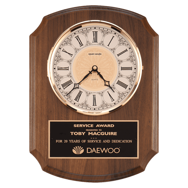 Walnut Quartz Clock, Brass Diamond Spun Bezel, Glass Lens, Ivory Dial - Laser Engraved Drinkware