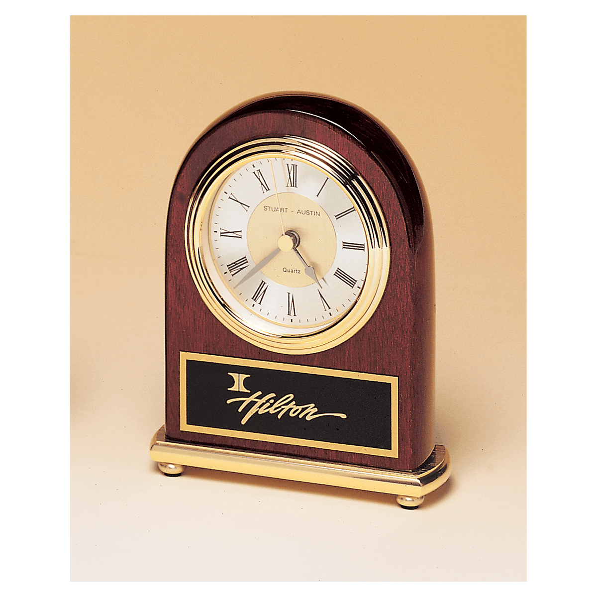 Arch Piano Finish Clock, Brass Base, Diamond Spun Dial, 3 Hand - Laser Engraved Corporate Gift
