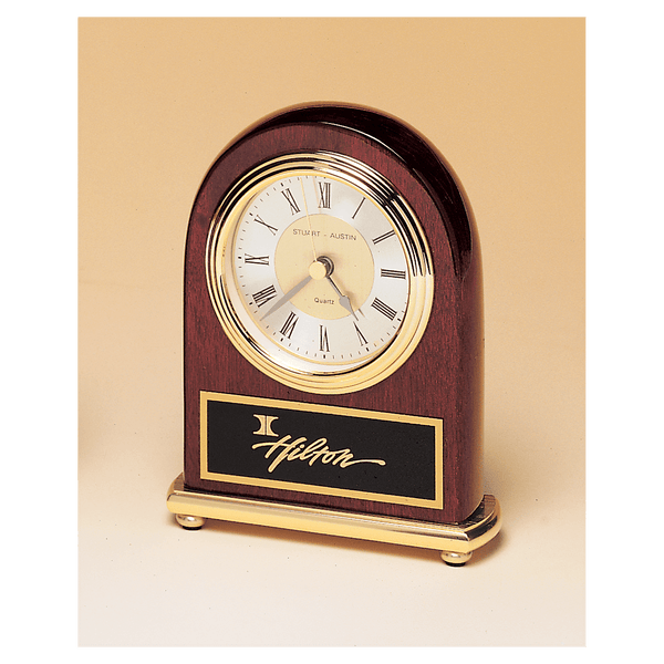 Arch Piano Finish Clock, Brass Base, Diamond Spun Dial, 3 Hand - Laser Engraved Corporate Gift