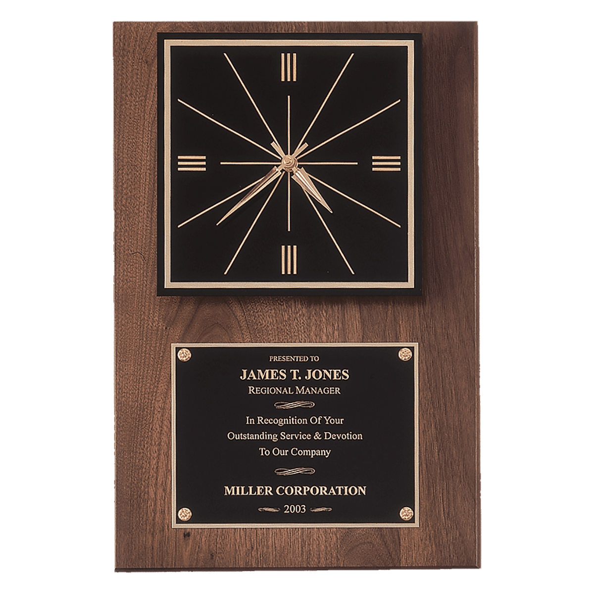 American Walnut Quartz Clock with Plate/Hangs Vertical or Horizontal - Laser Engraved Corporate Gift