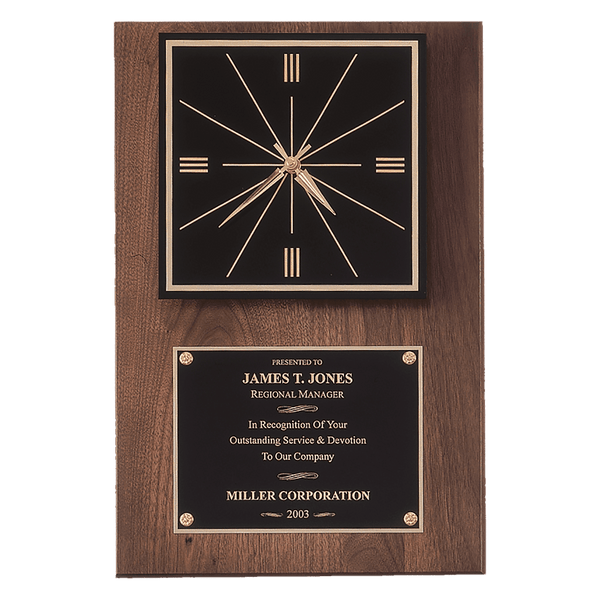 American Walnut Quartz Clock with Plate/Hangs Vertical or Horizontal - Laser Engraved Corporate Gift