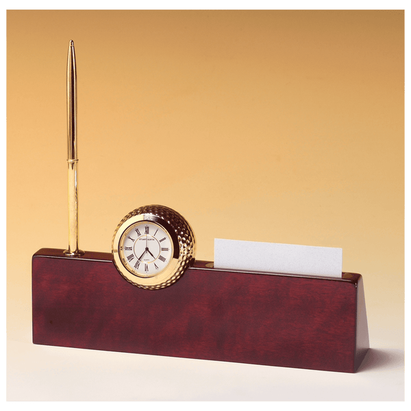 Gold Metal Golfball Clock on Piano Nameplate, Business Card Holder, - Laser Engraved Corporate Gift