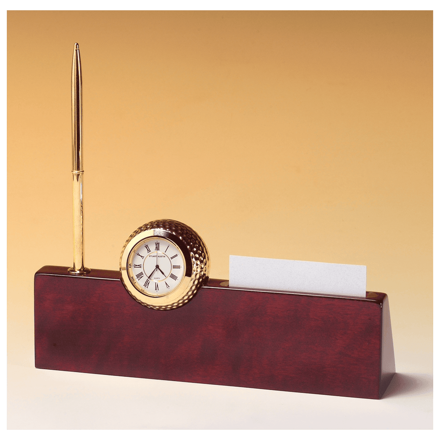 Gold Metal Golfball Clock on Piano Nameplate, Business Card Holder, - Laser Engraved Corporate Gift