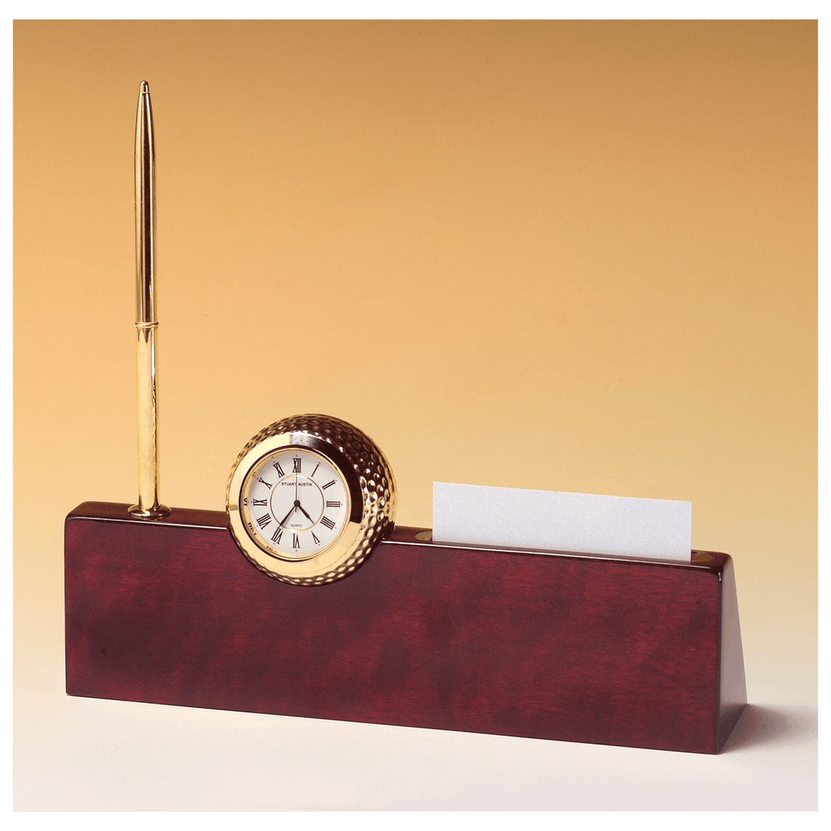 Gold Metal Golfball Clock on Piano Nameplate, Business Card Holder, - Laser Engraved Corporate Gift
