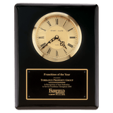 Black/Gold Piano Finish Clock, Waterfall Bezel w/Glass Lens, Gold Dial - Laser Engraved Drinkware