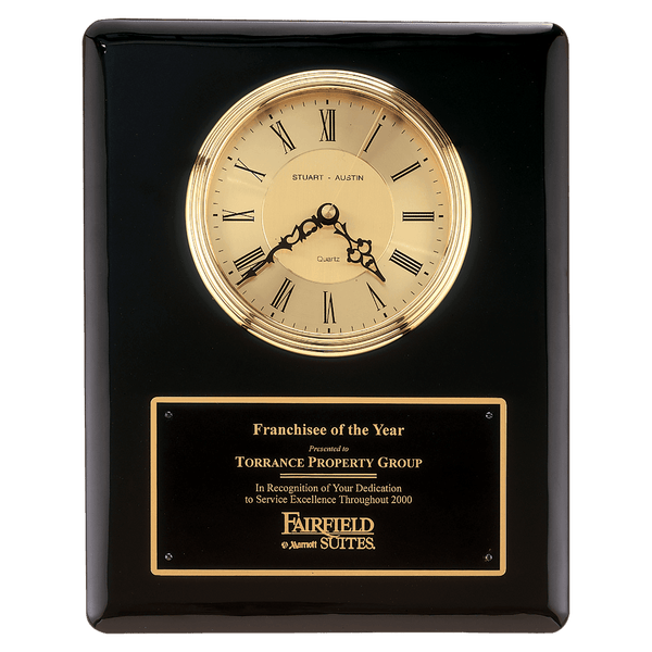 Black/Gold Piano Finish Clock, Waterfall Bezel w/Glass Lens, Gold Dial - Laser Engraved Drinkware