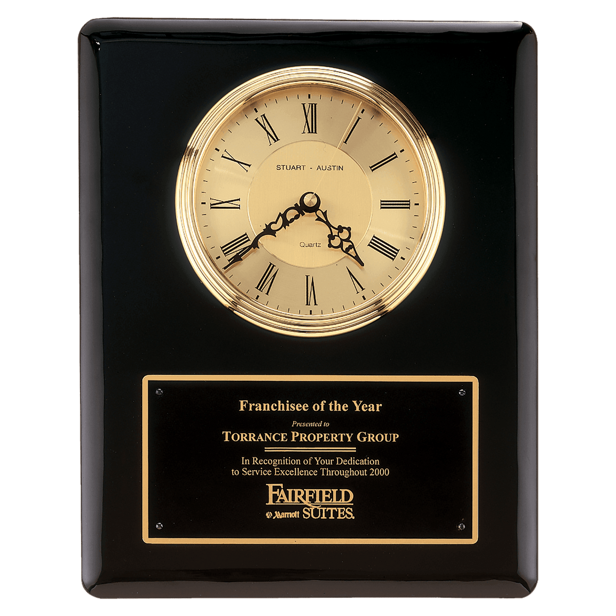Black/Gold Piano Finish Clock, Waterfall Bezel w/Glass Lens, Gold Dial - Laser Engraved Drinkware