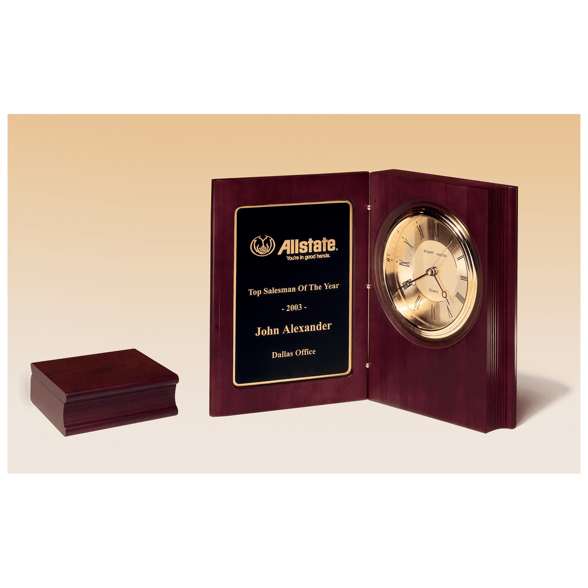 Hand Rubbed Mahogany Finish Book Clock, Diamond Spun Dial, 3 Hand - Laser Engraved Corporate Gift