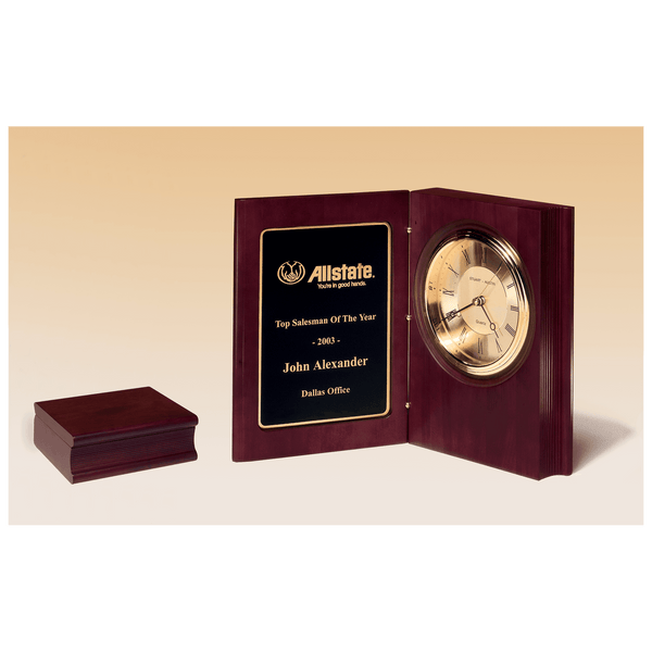 Hand Rubbed Mahogany Finish Book Clock, Diamond Spun Dial, 3 Hand - Laser Engraved Corporate Gift