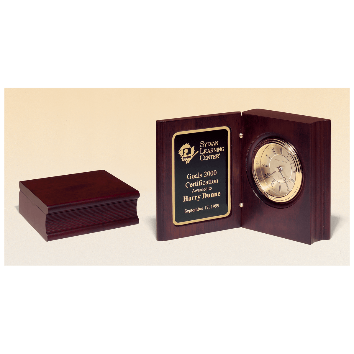 Hand Rubbed Mahogany Finish Book Clock w/ Spun Dial, 3 Hand Movement - Laser Engraved Corporate Gift