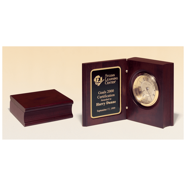 Hand Rubbed Mahogany Finish Book Clock w/ Spun Dial, 3 Hand Movement - Laser Engraved Corporate Gift