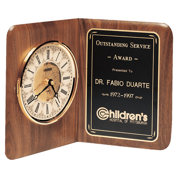 Walnut Quartz Book Clock, Brass Diamond Spun Bezel, Glass Lens, Ivory - Laser Engraved Drinkware