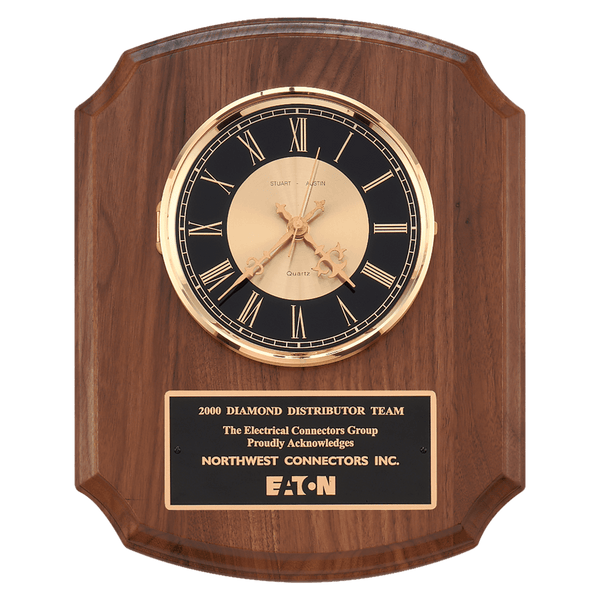 Walnut Quartz Clock, Brass Diamond Spun Bezel, Glass Lens, & Gold Dial - Laser Engraved Drinkware