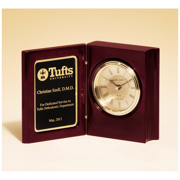 Piano Finish Book Clock w/Diamond Spun Dial, 3 Hand Movement - Laser Engraved Corporate Gift