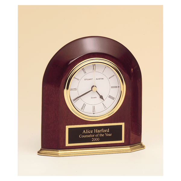 Piano Finish Arched Table Clock w/Solid Brass Base, Plack Plate - Laser Engraved Corporate Gift