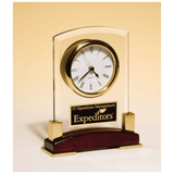 Beveled Glass Desk Clock, Piano Finish Base, Gold Metal Accents - Laser Engraved Premium Glass Award