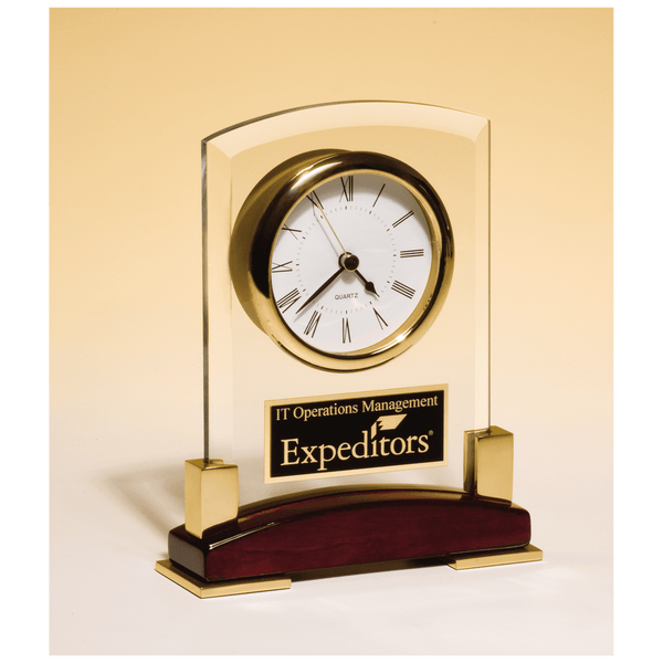 Beveled Glass Desk Clock, Piano Finish Base, Gold Metal Accents - Laser Engraved Premium Glass Award