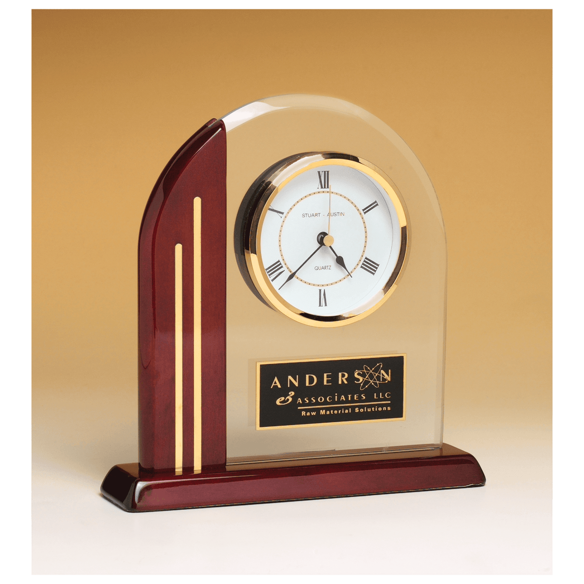 Arch Clock wiht Glass Upright and Piano Finish Post and Base - Laser Engraved Premium Glass Award