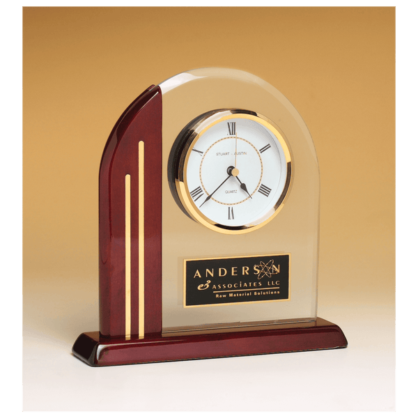 Arch Clock wiht Glass Upright and Piano Finish Post and Base - Laser Engraved Premium Glass Award