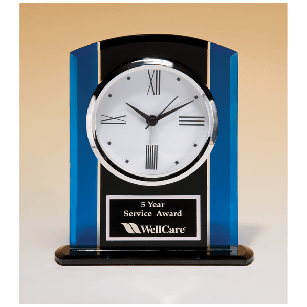 Black & Glass Clock, Silver Bezel, Three Hand Movement w/Black Plate - Laser Engraved Premium Glass Award