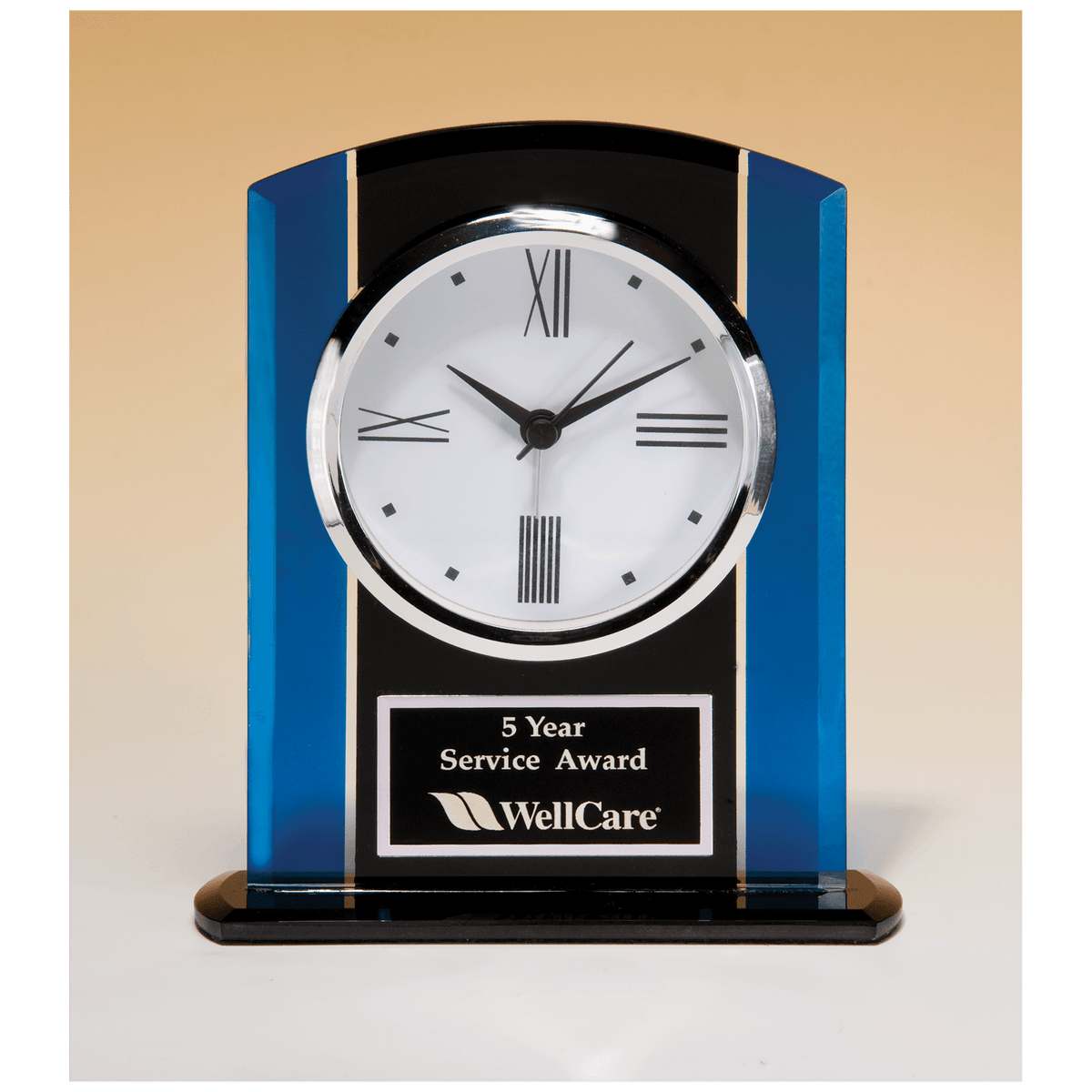 Black & Glass Clock, Silver Bezel, Three Hand Movement w/Black Plate - Laser Engraved Premium Glass Award