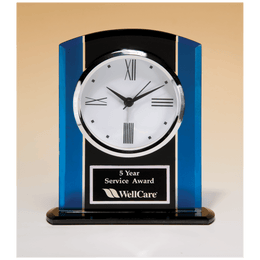 Black & Glass Clock, Silver Bezel, Three Hand Movement w/Black Plate - Laser Engraved Premium Glass Award