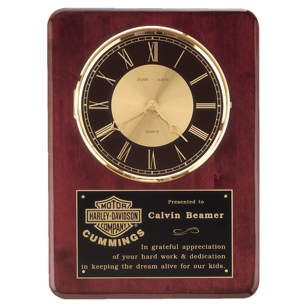 Rosewood Piano Finish Clock, Brass Bezel w/Glass Lens, Dial - Laser Engraved Drinkware