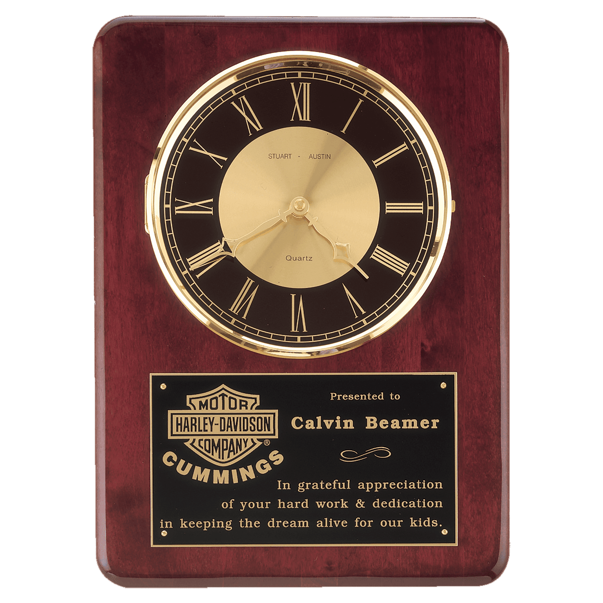 Rosewood Piano Finish Clock, Brass Bezel w/Glass Lens, Dial - Laser Engraved Drinkware