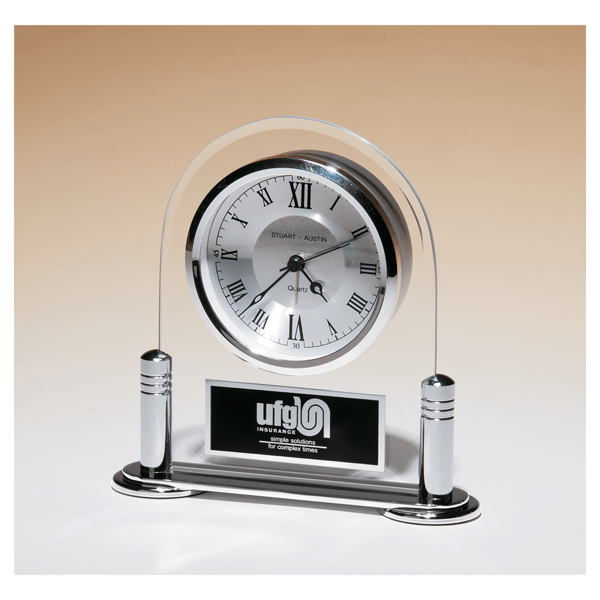 Desk Clock w/Beveled Glass Upright, Metal Base, 3 Hand Movement - Laser Engraved Drinkware