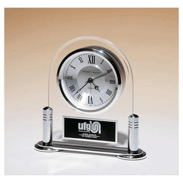 Desk Clock w/Beveled Glass Upright, Metal Base, 3 Hand Movement - Laser Engraved Drinkware