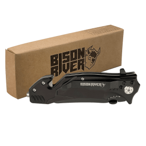 Black Emergency Rescue Knife - Spring Assisted with Glass Breaker - Laser Engraved Drinkware