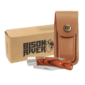 Wood Folding Knife with Leather Sheath - Laser Engraved Gift